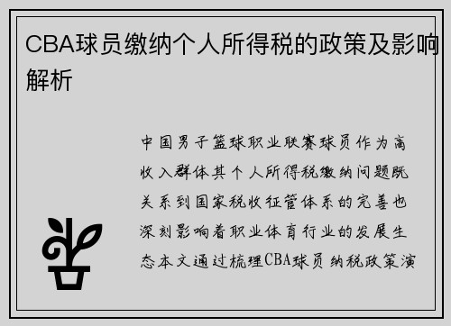 CBA球员缴纳个人所得税的政策及影响解析